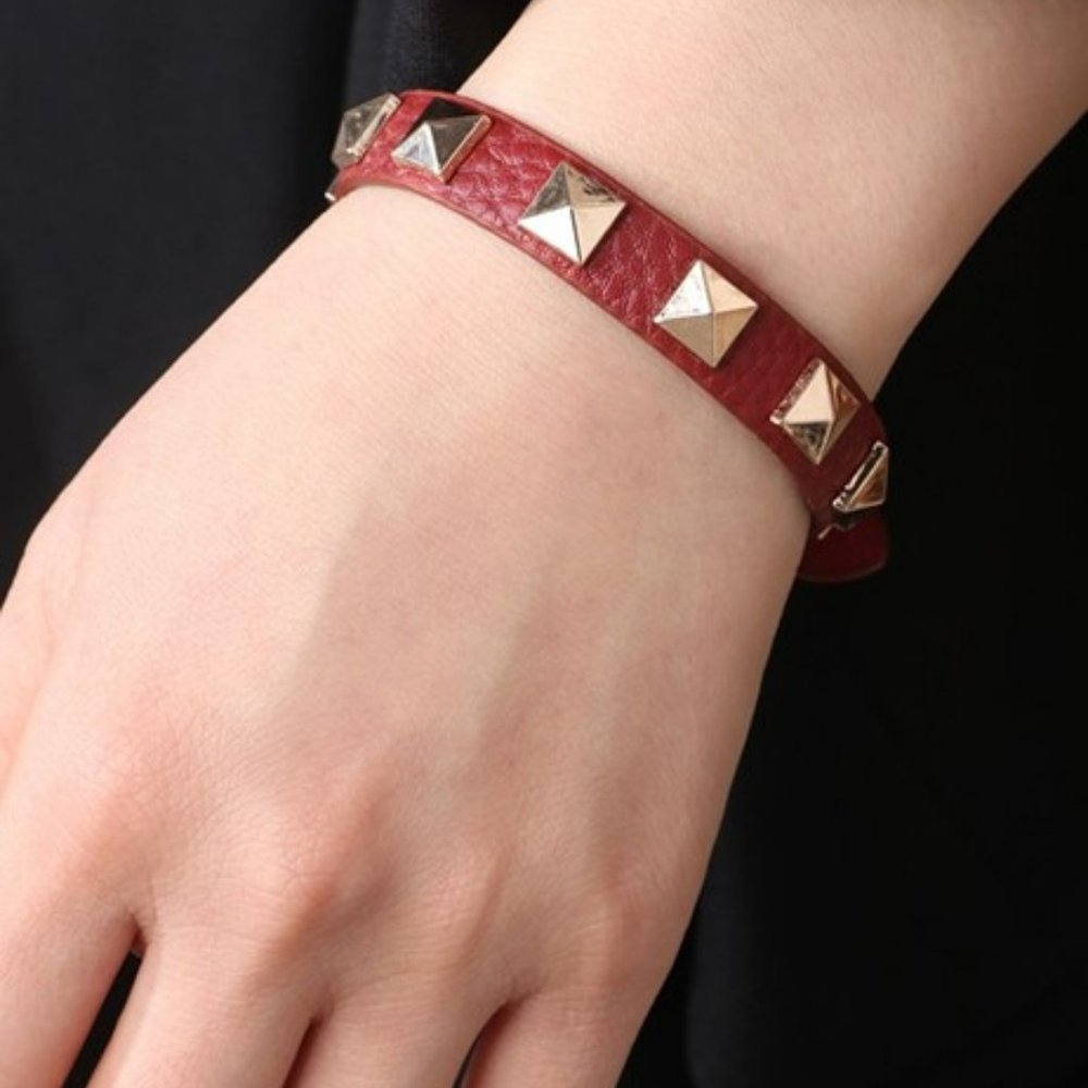 Women's PU Leather Bracelet with Gold Studs Adjustable Punk Rock Quality Dk Red